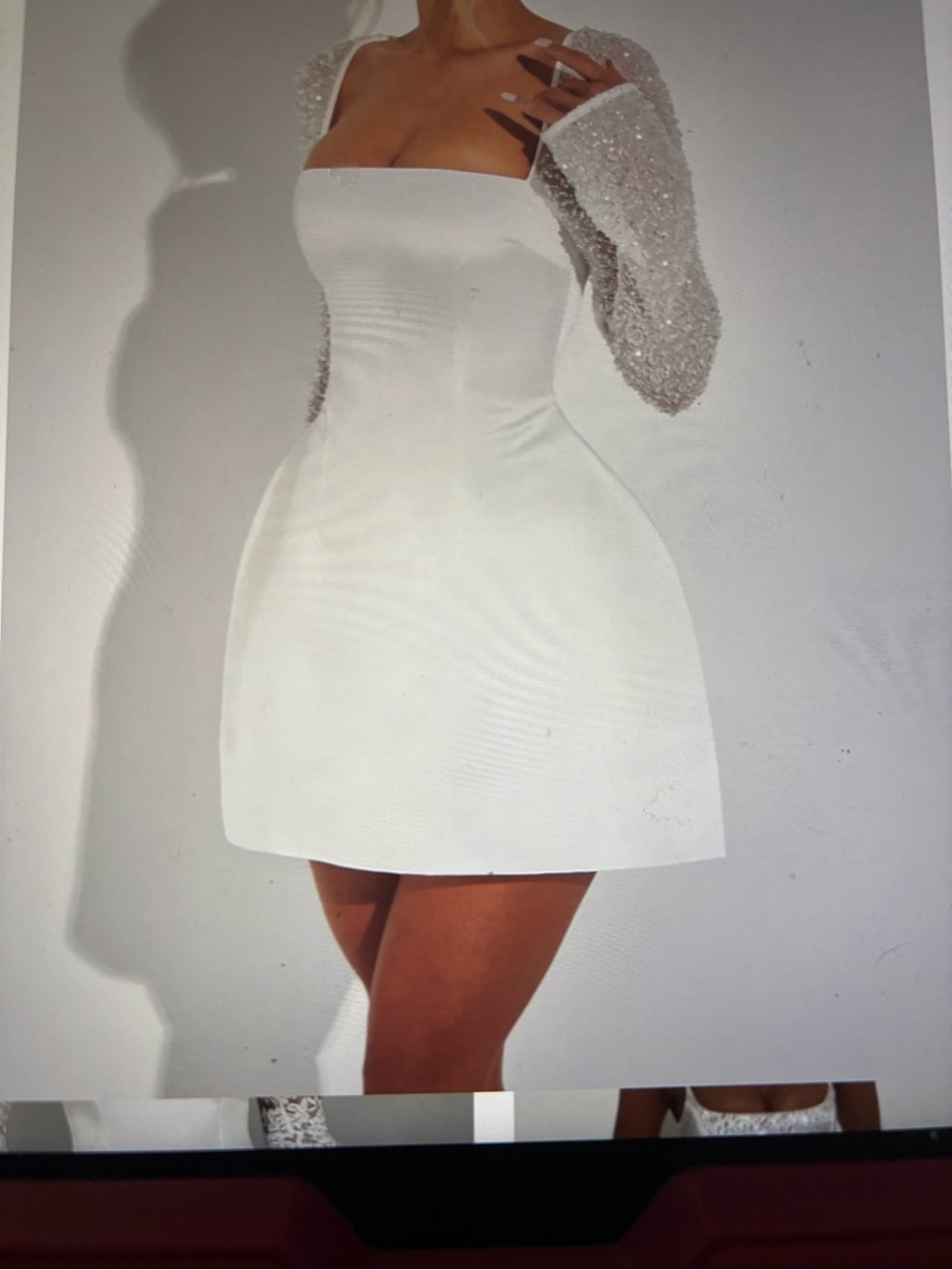 NWT Elegant Ivory Square-Neck Mini Dress with Beaded Sleeves
